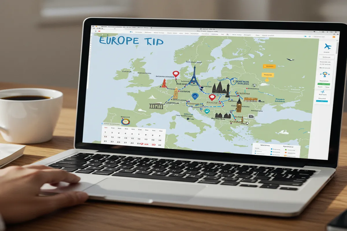 Interactive Europe trip planner interface showing multi-city itinerary planning with train routes and attractions